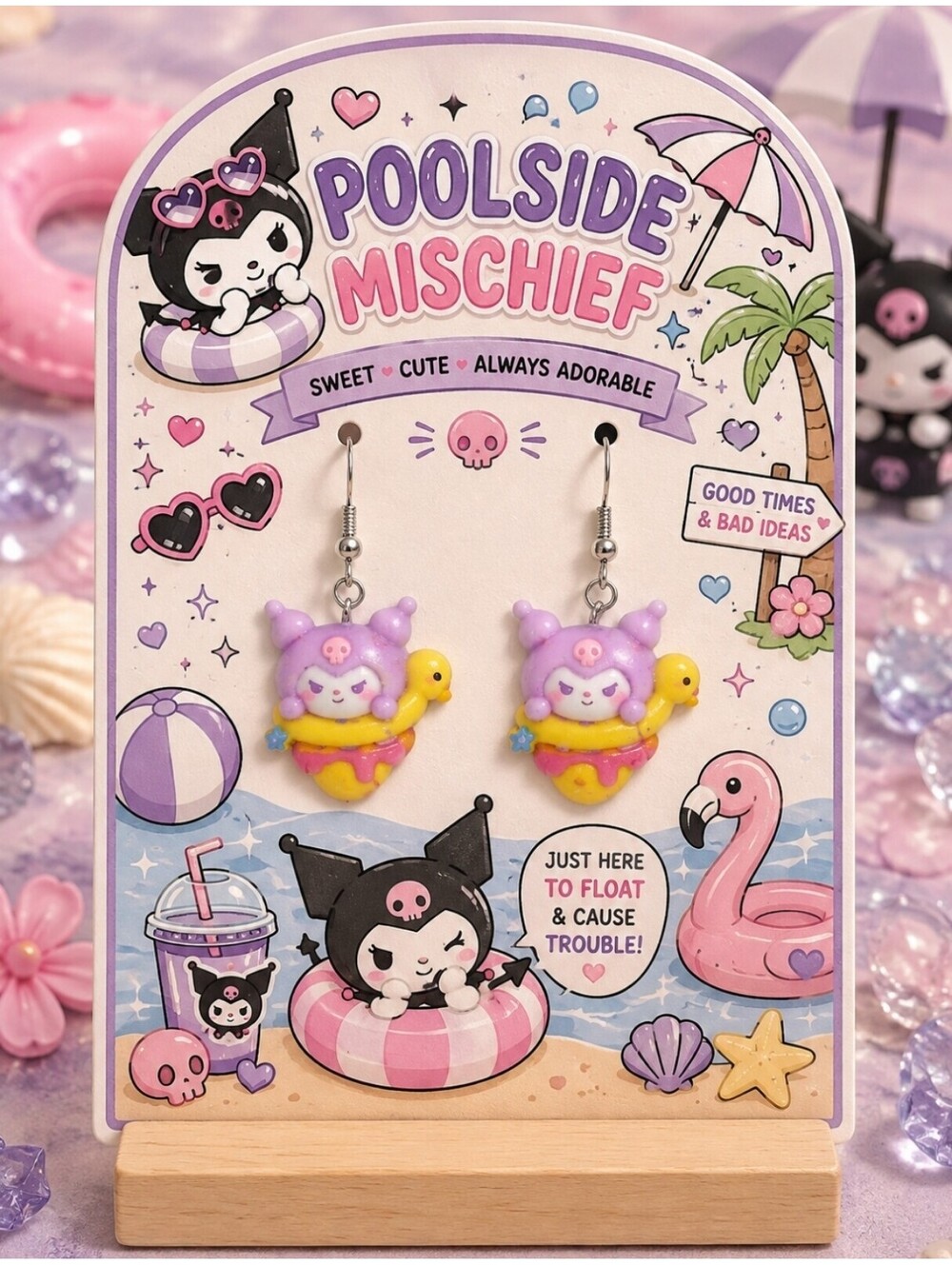 Kawaii Sanrio Hello Kitty Kuromi Poolside Mischief Hypoallergenic Earrings